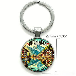 1pc Interlaken Switzerland Keychain 2D Flat Glass Dome Keyring Swiss Vintage Mountain Design Travel Souvenir Car Backpack Charm