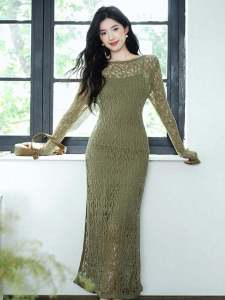 Romantic French Style Long Sleeve V-Neck Hollow out Womens Dress Set Elegant Atmosphere Early Autumn High-End Feeling Gown