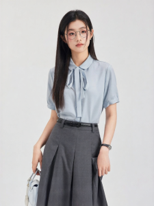 Short Sleeve Blue Bow-Tie blouse