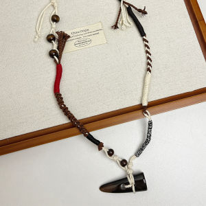 Handwoven Wooden Horned Necklace Linen Material Chinese Retro Style Long Sweater Chain Fashionable Design for Adult Women