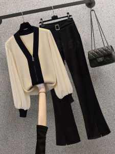 Fashionable V-Neck Knitted Open Cardigan Top plus Size Womens Autumn New Style Slimming Two-Piece Set Elegant Fish Print Brand