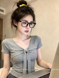 Gray Stripe Bow-tie V-neck Fitted T-Shirt