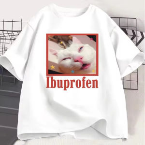 Sanrio | Ibuprofen Cat Meme Graphic Men Woman T-Shirt Funny Cute Cat Lover T-Shirt Casual Funny T-shirts Oversized Couples T-Shirts
