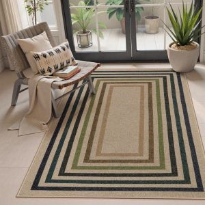 Vintage Concentric Border Area Rug Multi‑Color Square Stripe Print Soft Floor Mat Farmhouse Carpet for Living Room Bedroom