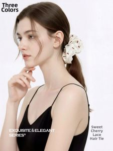 3COLOUR·S | Cherry Print Satin Hair Ring Lace Edging High Elasticity