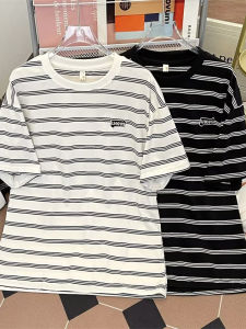 เสื้อยืดลายทางลายเสือดาวสีดำและขาวสำหรับผู้ชายในช่วงฤดูร้อน เสื้อยืดคอกลมแขนสั้นผ้าฝ้ายแท้ แฟชั่นสำหรับนักเรียน เสื้อยืดลำลองสำหรับวัยรุ่น