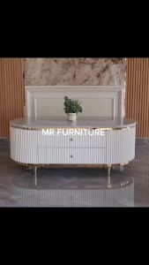 Meja Tamu Oval Duco Putih Top Marmer Carrara Lis Gold Stainles