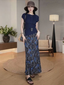 Fashionable Korean Style Summer Outfit Floral Knitted Short Sleeve Top And Half Skirt Set Age Reducing Elegant Quality Polyester