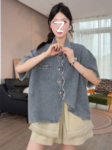 Loose Fit Short Sleeve Polo Collar Denim Shirt Womens Summer Slimming Top Vintage Design Casual Korean Style Pure Color