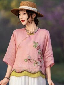 New Chinese Style Short Improved Cheongsam Top Ethnic Style Summer Cotton and Linen Shirt Assorted Colors Retro Chinese Style Embroidery Small Shirt