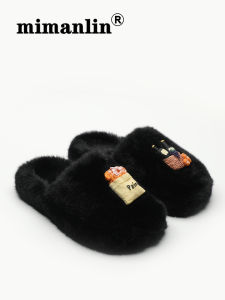 Fashionable Flat Bottom Fur Slippers Womens Office Anti-slip Personalized Spring Autumn Indoor Cotton Slippers