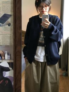 Loose Knitted Cardigan Coat Womens New Autumn Casual round Neck Simple Style Lazy Fashion Sweater Korean Version Long Sleeve