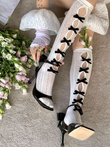 Cnorahk Niche Style Zhang Yuanying Same Flocking Bows Cut Out Knee Socks Lace Retro Slimming Thigh High Socks