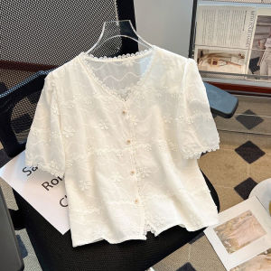 V-Neck Bubble Sleeve Short Sleeve Shirt Womens Summer New Design Self-Preservation Flower 3D Embellished Top Casual Commute Style