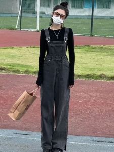 Elegant High-Waisted Denim Overalls Womens Spring Autumn Vintage Jeans Pants with Slits Floor-Length Trousers