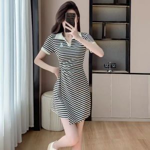 Striped Short Sleeve Dress for Women Summer 2024 New Style High Waist A-Line Skirt Casual Work Clothing With Poolo Collar