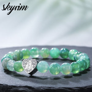 SKYRIM Elegant Womens Blue-Green Bracelet Gold Heart Letter-A Pendant Adjustable Bracelet Fashion Jewelry Gift