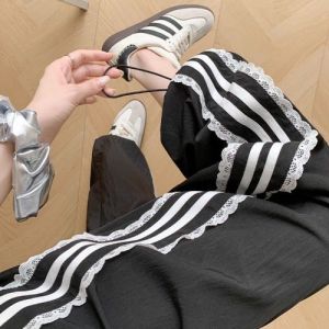 กางเกงทำงานเอวสูง ทรงหลวม ทรงตรง กางเกงกีฬาลำลอง แห้งเร็ว ขอบลูกไม้ ฤดูร้อน 2025 กางเกงขายาวผู้หญิง ทรงหลวม ทรงตรง