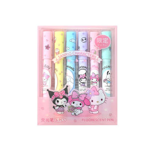 6PCS High Beauty Sanrio Highlighter Pen Cute Cartoon Student Mark Key Color Pen Set Limited Graffiti Wholesale