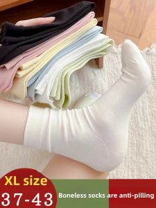 Plus Size Bunching Socks Womens 38-43 Summer Thin Boneless Mid-Calf Socks Pure Cotton White with Small Leather Shoes Spring & Fall 41