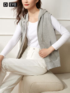Womens Pure Cotton Sporty Sleeveless Vest Grey Casual Outerwear Spring Autumn New Style D.Eye Brand Zipper Decoration