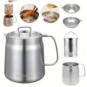 2L Stainless Steel Bacon Grease Container with Strainer & Frying Basket Multifunctional Oil Filter Pot for Cooking Oil Storage Deep Fryer Pot for French Fries Tempura