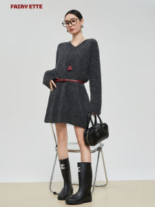 XIAODADEHUA | Deep Gray V-Neck Knit Dress