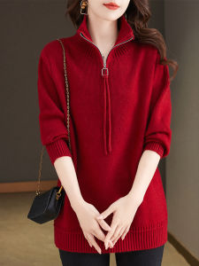Plus Size Mid Length Long Length Woolen Sweater Womens Fall and Winter Plus Size Ladies Half Zipper Sweater Loose Easiest for Match Knitting Bottoming Shirt