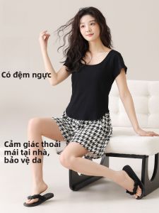 MiiOW | Bộ đồ ngủ lụa băng tay ngắn mùa hè cho nữ có đệm ngực Bộ đồ ngủ thoải mái mặc ở nhà Bộ đồ ngủ hai mảnh