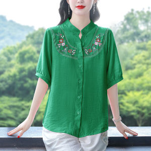 MAIMEI | Heavy Embroidery Cotton Linen Patchwork Loose Shirt Artistic Versatile Top For Middle-Aged Mothers Summer New Style Commute Style