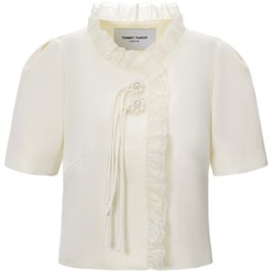 TAMMY TANGS | Stylish Short Sleeve Short Coat with Mandarin Collar and Glossy Satin Fabric