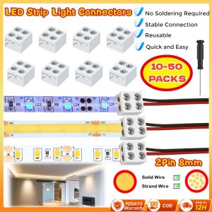 【Ship in 12H】 50PCS LED Strip Tape Light Connector 2 Pin 8mm Terminal Block Screw Down Solderless LED Light Strip Connector Tape to Wire for 5v 12v 24v Single Color Lights KEBIDU