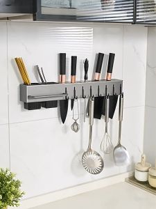 Wall Mounted Knife Holder Knife Rack Multi-function Kitchen Organizer Chopsticks Knife Integrated Storage Rack