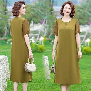 ชุดเดรสยาวแขนสั้นสีพื้นหรูหราสำหรับคุณแม่วัยกลางคน ชุดเดรสยาวทรงเอคอตั้งเอวสูงผ้าอะซิเตทโพลีเอสเตอร์