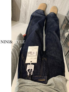 Quần Jeans Denim Ống Rộng Lót Lông Cừu Màu Xanh Đậm Cho Nữ Thu Đông 2025 Quần Ống Thẳng Rộng Cạp Cao Ôm Dáng Quần Jeans