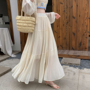 กระโปรงจีบเอวสูงผ้าชีฟองตาข่ายสำหรับผู้หญิง ฤดูร้อน 2025 กระโปรงทรงแอลเอวสูงทรงเอเอวสูงกระโปรงยาวคลุมเข่า