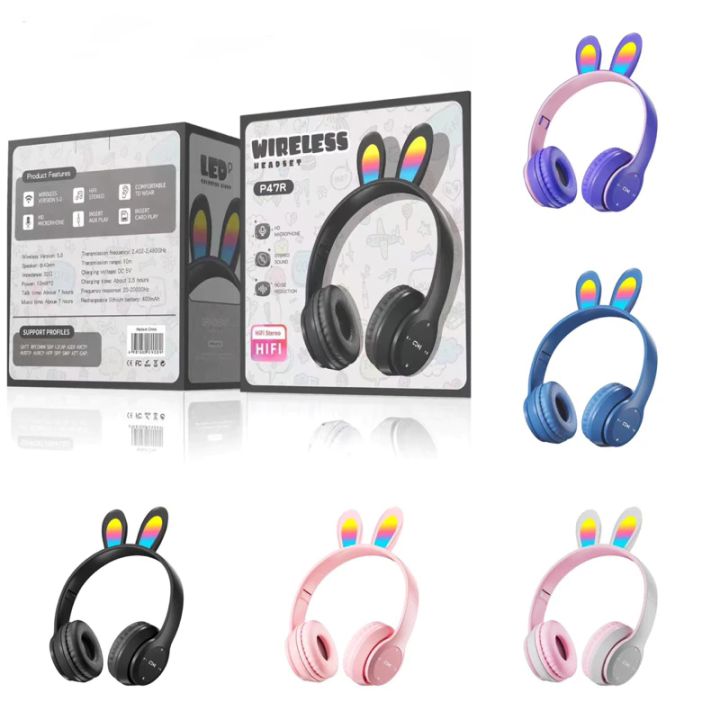 Bluetooth Playback Rabit P47R Headphone Bluetooth Model Telinga Rabbit LED RGB Wireless | Lazada ...
