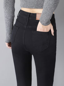 High Waist Fleece Lined Slim Fit Jeans Womens Black Denim Spring Autumn Winter New Style Elastic Slimming Long Pants