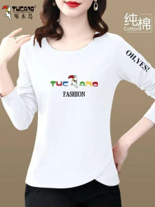 TUCANO Woodpecker Early Autumn Womens Long Sleeve Cotton T-shirt Loose round Neck Fashionable Versatile Mid-aged Top Outerwear