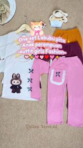 Oneset Labubu Anak PerempuanAnak usia 1-6thn Setelan Knit Ribbon Labubu Viral.Set Labubu