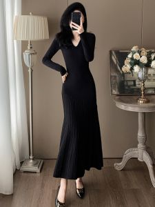 Korean Style V-Neck Long Sleeve Knitted Dress Womens Autumn Winter Slim Fit Base Layer Sweater Long Dress Commute Simple Folded High Waist
