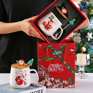 Warm Christmas! Cute Cartoon Santa Ceramic Mug Gift Set Wooden Lid with Spoon Holiday Favor Choice for Friends/Family/Lover!