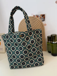 Retro Green Diamond Pattern Handbag Floral Ins Style Fashionable All-Match Outdoor Baby Walking Mommy Storage Bag Canvas Tote