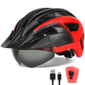 FUNWICT MTB Cycling Helmet with Goggles Usb Light Road Bicycle Safety Protective Caps for Men Scooter Bike Headgear Working Cap