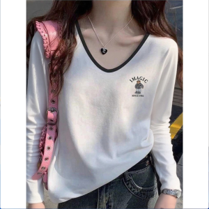 Color Block V Neck Loose Long Sleeve Pure Cotton Base Shirt Womens T Shirt Korean Style Comfortable Breathable Daily Wear
