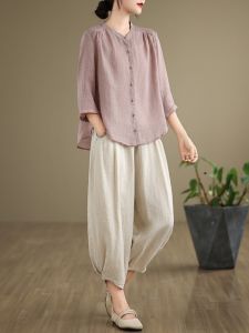 Ladies Casual Cotton Linen Short Sleeve Set Mom Summer New Fashionable Lantern Pants Two Piece Set Large Size Comfortable Fit