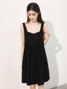 Miccbeirn | Silk Cotton French Strap Dress Hepburn Style Slimming A-Line Midi Skirt Simple Versatile Summer Season High Waist Gown