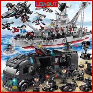 Leiao UT【🔥Best Choice 🔥】Mainan Robot Polisi / Warship / City SWAT Brick Blok Hadiah Ulang Tahun Mainan 585Pcs/1518pcs/651pcs 3D Puzzle 6 in 1 Dinosaurs/Sharks/Rockets Susun Edukasi Mainan kapal induk