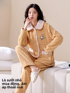 MiiOW | Bộ đồ ngủ lông cừu Coral dày dặn có lót lông cừu cho nữ mùa thu đông 2025 MiiOW Cat Person Home Clothes Quần áo mặc nhà