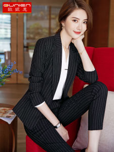 ชุดสูทลายทางสำหรับผู้หญิง ทรงสลิมฟิต แฟชั่น สง่างาม ชุดทำงาน OL เสื้อโค้ทตัวบน แขนยาว ปกติ คอปก สีพื้น ฤดูใบไม้ผลิและฤดูใบไม้ร่วง
